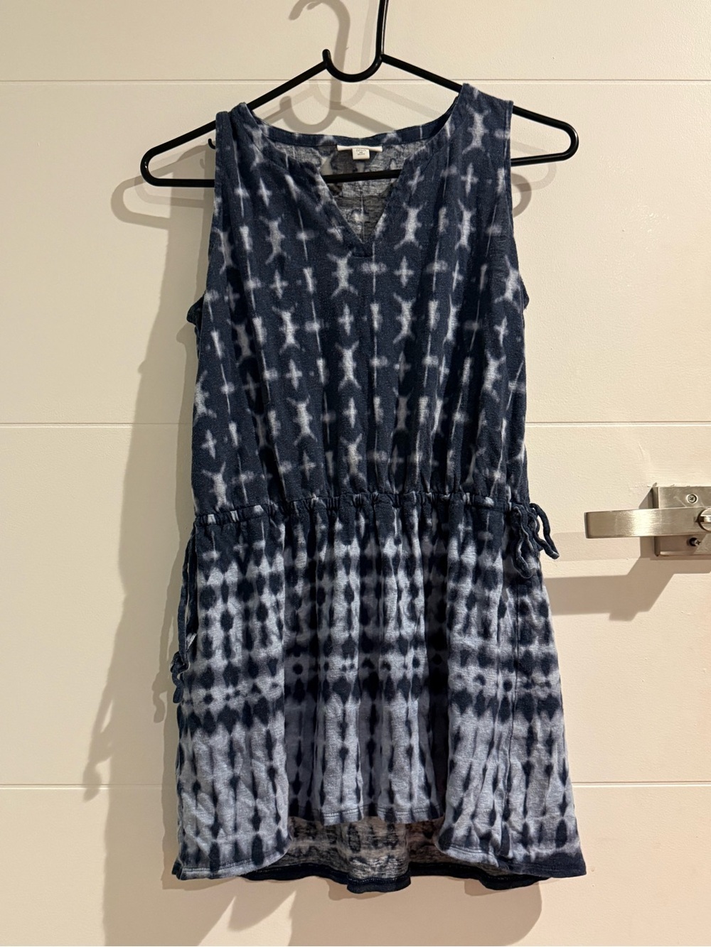 Sleeveless Navy Tie-Dye Drawstring Waist Dress